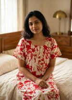 Front Open Cotton Nighty With Buttons, 55 Inches Long- Rose