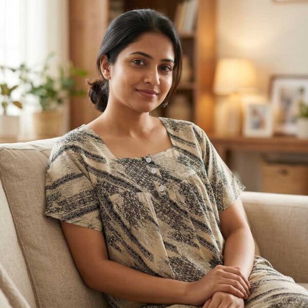 Front Open Cotton Nighty With Buttons, 55 Inches Long - Cream + Black