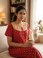 Comfortable Churidar Model Ajrakh Nighty, 55 Inches Long, Hacoba Yoke - Red