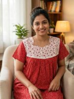 Front Open Cotton Nighty With Buttons, 55 Inches - Red + White