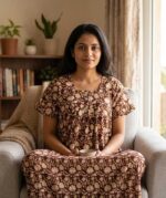 Front Open Cotton Nighty With Buttons, 55 Inches - Brown