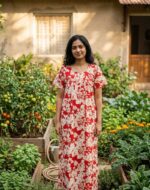 Front Open Cotton Nighty With Buttons, 55 Inches Long- Rose - Image 2