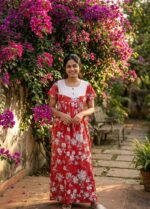 Traditional Cotton Frock Nighty, 55 Inches Length, Hakoba Yoke - Red - Image 2