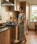 Front Open Cotton Nighty With Buttons, 55 Inches Long - Cream + Black - Image 2