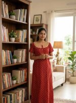 Comfortable Churidar Model Ajrakh Nighty, 55 Inches Long, Hacoba Yoke - Red - Image 2