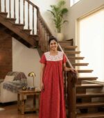 Front Open Cotton Nighty With Buttons, 55 Inches - Red + White - Image 2