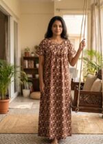 Front Open Cotton Nighty With Buttons, 55 Inches - Brown - Image 2