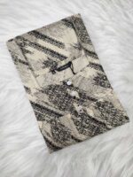 Front Open Cotton Nighty With Buttons, 55 Inches Long - Cream + Black - Image 3