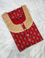 Comfortable Churidar Model Ajrakh Nighty, 55 Inches Long, Hacoba Yoke - Red - Image 3