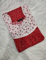 Front Open Cotton Nighty With Buttons, 55 Inches - Red + White - Image 3