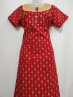 Comfortable Churidar Model Ajrakh Nighty, 55 Inches Long, Hacoba Yoke - Red - Image 4