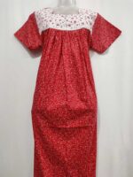 Front Open Cotton Nighty With Buttons, 55 Inches - Red + White - Image 4