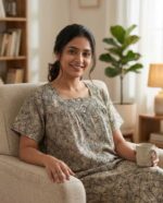 Front Open Cotton Nighty With Buttons, 55 Inches Long - Cream + Black