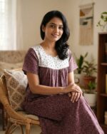 Front Open Cotton Nighty With Buttons, 55 Inches - Brown + White