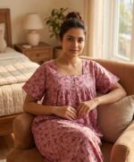 Front Open Cotton Nighty With Buttons, 55 Inches - Onion Pink