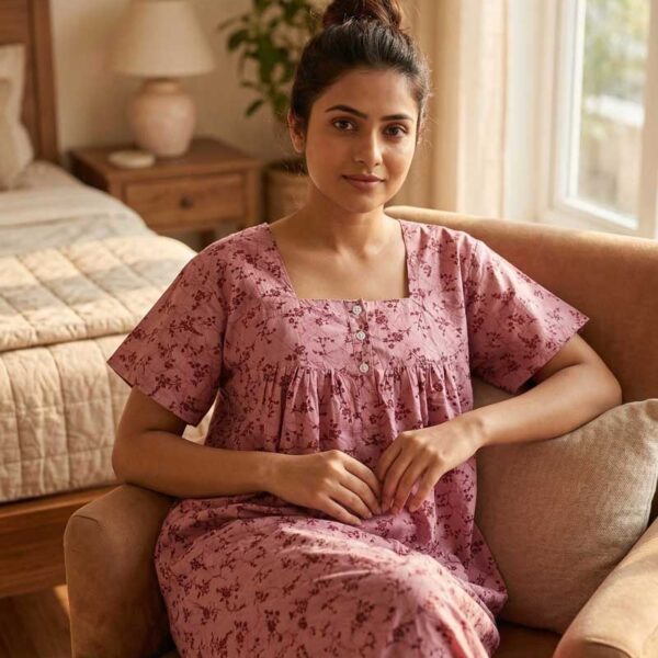 Front Open Cotton Nighty With Buttons, 55 Inches - Onion Pink