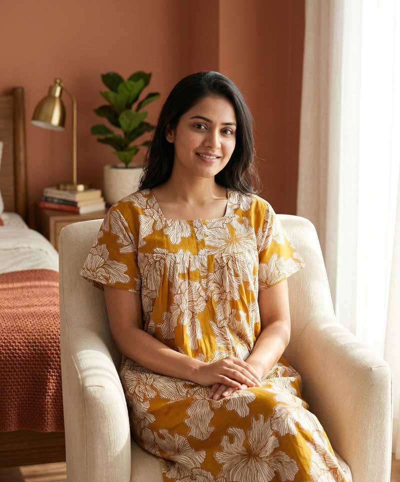 O1 Front Open Cotton Nighty With Buttons, 55 Inches Long - Yellow - Image 1