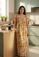 Front Open Cotton Nighty With Buttons, 55 Inches Long - Yellow - Image 2