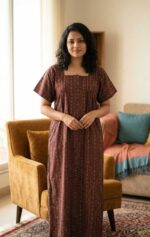 Front Open Ajrakh Nighty With Zip, 57 Inches Long- Maroon - Image 2
