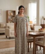 Front Open Cotton Nighty With Buttons, 55 Inches Long - Cream + Black - Image 2