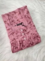 Front Open Cotton Nighty With Buttons, 55 Inches - Onion Pink - Image 3