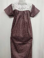 Front Open Cotton Nighty With Buttons, 55 Inches - Brown + White - Image 4