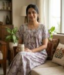 Front Open Cotton Nighty With Buttons, 55 Inches Long - Purple