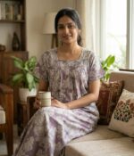 Front Open Cotton Nighty With Buttons, 55 Inches Long - Purple