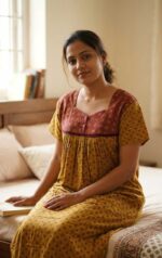 Front Open Cotton Nighty With Buttons, 55 Inches Long- Yellow + Maroon