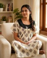 Traditional Cotton Nighty, 55 Inches Length, Hacoba Round Neck - Cream Colour