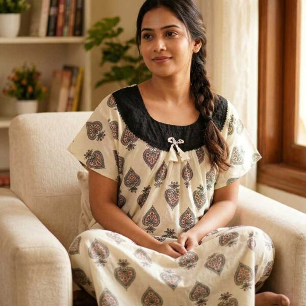 Traditional Cotton Nighty, 55 Inches Length, Hacoba Round Neck - Cream Colour