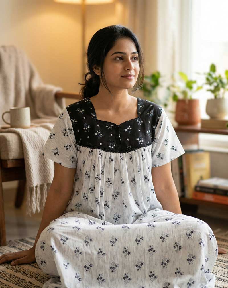 P1 Front Open Cotton Nighty With Buttons, 55 Inches - White + Black - Image 1