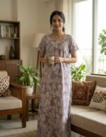 Front Open Cotton Nighty With Buttons, 55 Inches Long - Purple - Image 2