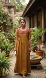 Front Open Cotton Nighty With Buttons, 55 Inches Long- Yellow + Maroon - Image 2