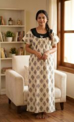 Traditional Cotton Nighty, 55 Inches Length, Hacoba Round Neck - Cream Colour - Image 2