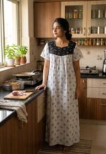 Front Open Cotton Nighty With Buttons, 55 Inches - White + Black - Image 2