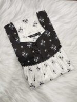 Front Open Cotton Nighty With Buttons, 55 Inches - White + Black - Image 3