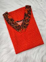 Comfortable Churidar Model Cotton Nighty, 55 Inches Long, Peter Collar - Orange - Image 3