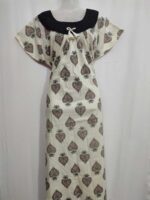 Traditional Cotton Nighty, 55 Inches Length, Hacoba Round Neck - Cream Colour - Image 4