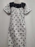 Front Open Cotton Nighty With Buttons, 55 Inches - White + Black - Image 4