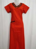 Comfortable Churidar Model Cotton Nighty, 55 Inches Long, Peter Collar - Orange - Image 4