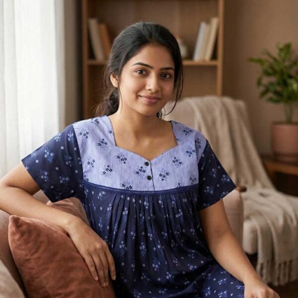 Front Open Cotton Nighty With Buttons, 55 Inches Long- Dark Blue