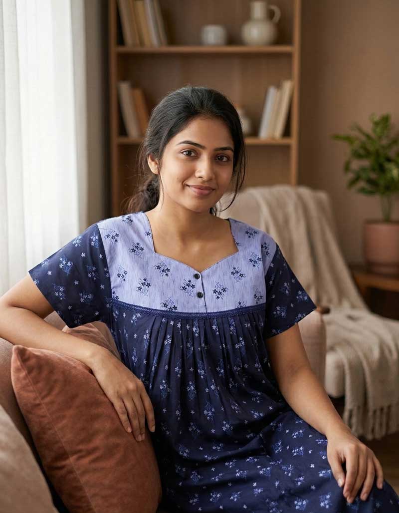 Q1 Front Open Cotton Nighty With Buttons, 55 Inches Long- Dark Blue - Image 1