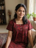 Front Open Cotton Nighty With Buttons, 55 Inches Long - Red + Black