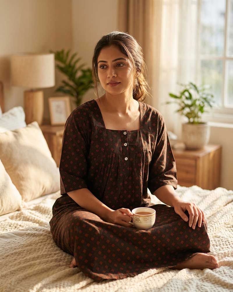 Q1 Front Open Cotton Nighty With Buttons, 55 Inches, 3/4th Sleeves - Dark Brown - Image 1