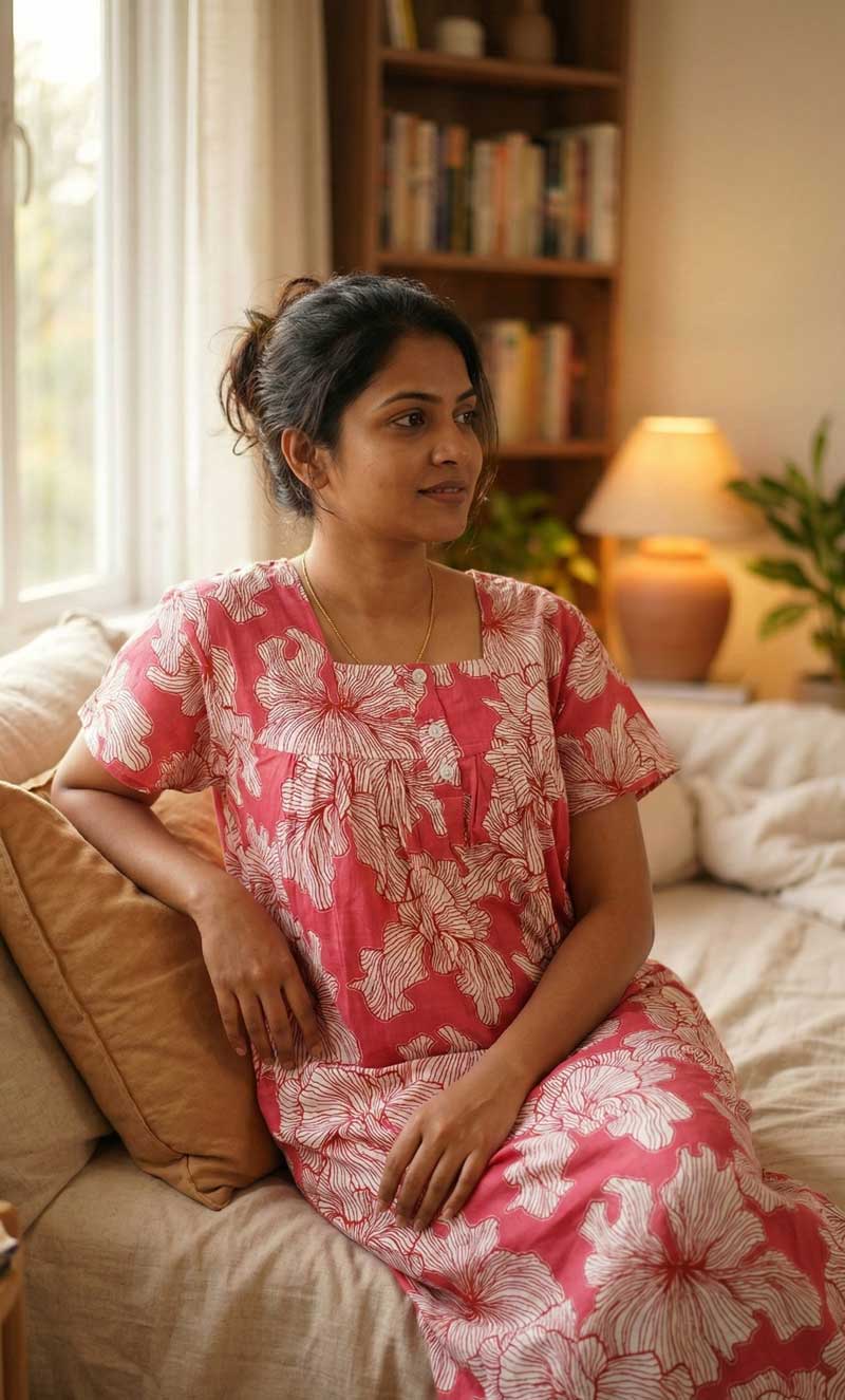 Q1 Front Open Cotton Nighty With Buttons, 55 Inches Long - Rose - Image 1