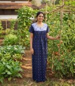 Front Open Cotton Nighty With Buttons, 55 Inches Long- Dark Blue - Image 2