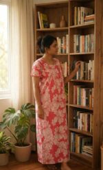 Front Open Cotton Nighty With Buttons, 55 Inches Long - Rose - Image 2