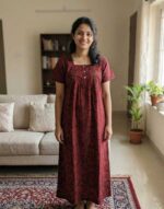 Front Open Cotton Nighty With Buttons, 55 Inches Long - Red + Black - Image 2