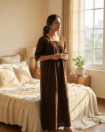 Front Open Cotton Nighty With Buttons, 55 Inches, 3/4th Sleeves - Dark Brown - Image 2